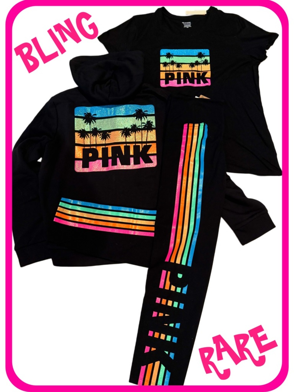 NEW VICTORIAS SECRET PINK BLING ZIP HOODIE & SWEATPANTS 2PC SET